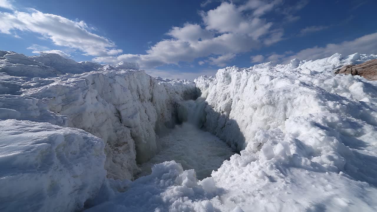 An awe-inspiring scene showcasing the dynamic beauty of icy landscapes, featuring towering glaciers and a dramatic frozen gorge carved through the thick snow and ice formations