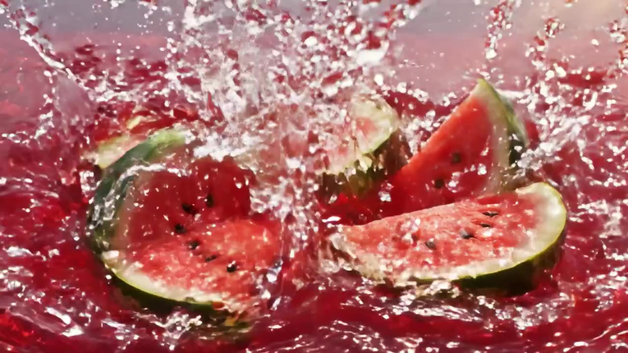 En levende fremstilling av forfriskende vannmelonskiver som flyter i lys rød væske, som fanger essensen av sommeren og smakfull nytelse i hver bit