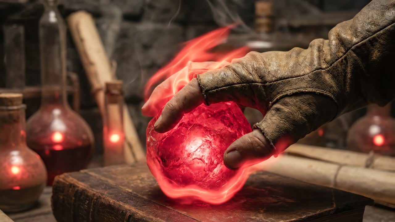 Una mano misteriosa attiva una sfera di cristallo magica con il fuoco