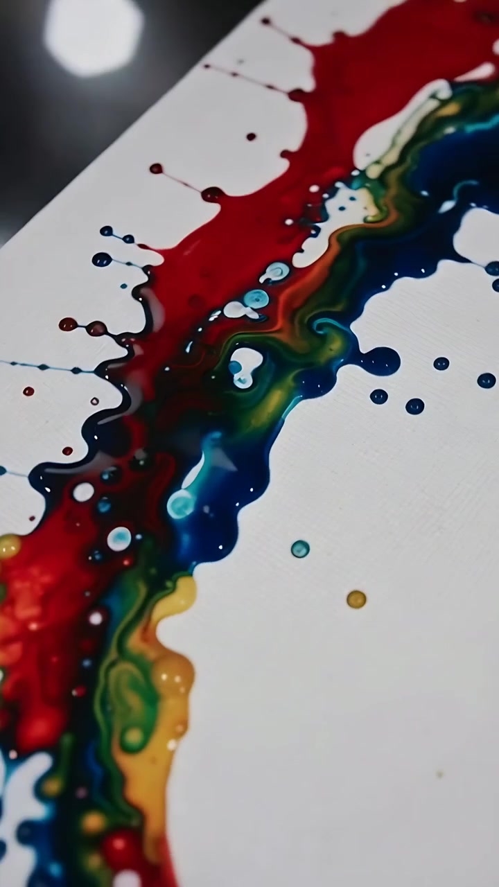 Video verticale: Nastro di pittura fluida che si espande su tela bianca, formando gocce.