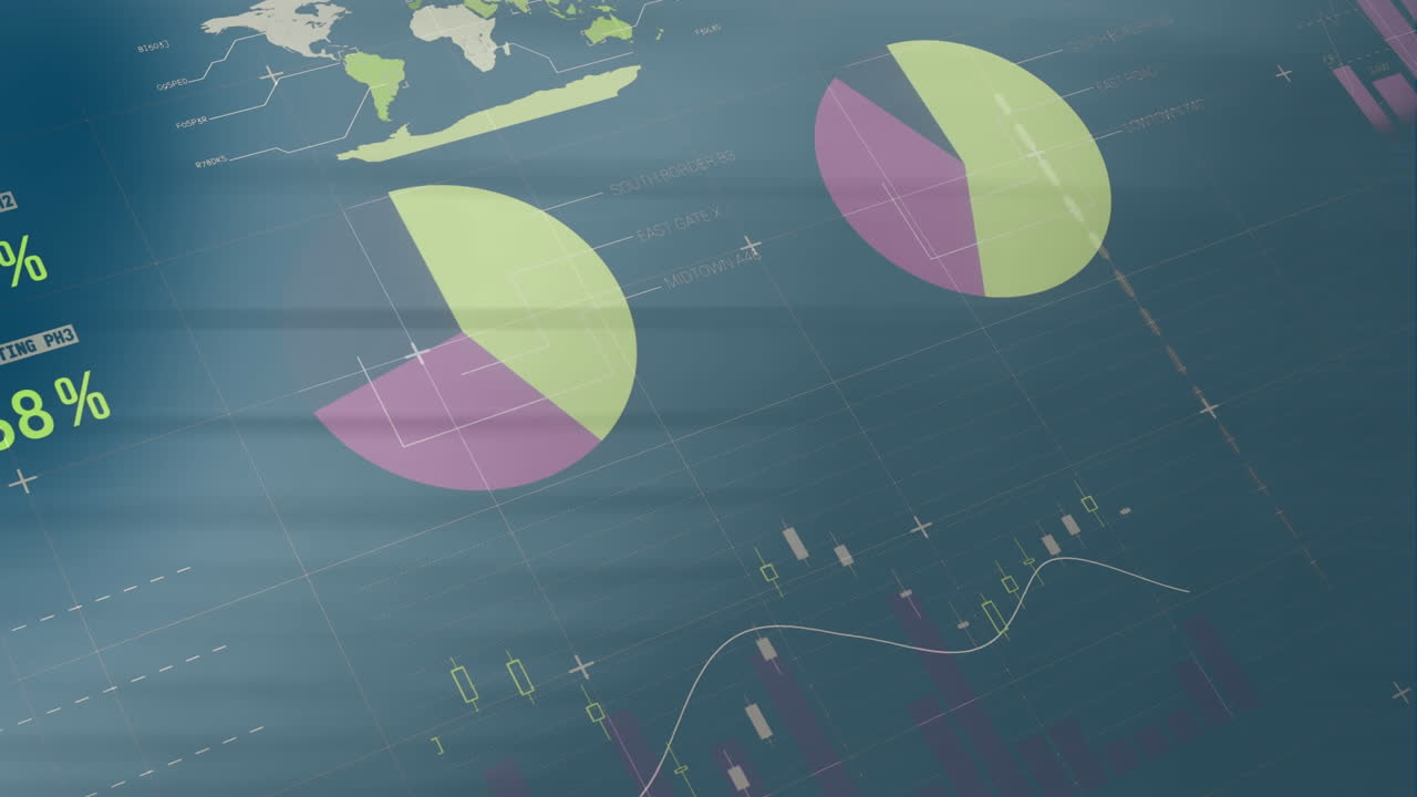 animación de la interfaz infográfica sobre vista de ángulo bajo del techo de la oficina.
