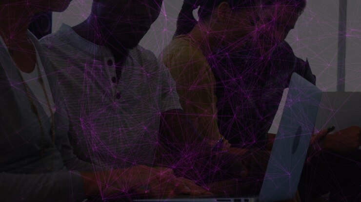 Animation of network of connections over diverse business people in office