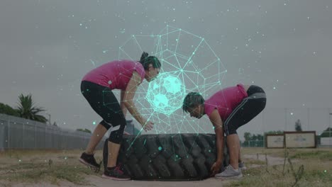 Animation-of-shapes-and-spots-over-diverse-women-at-obstacle-course-carrying-tyre