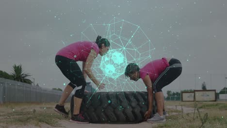 animación de formas y puntos sobre diversas mujeres en una pista de obstáculos que llevan neumáticos.