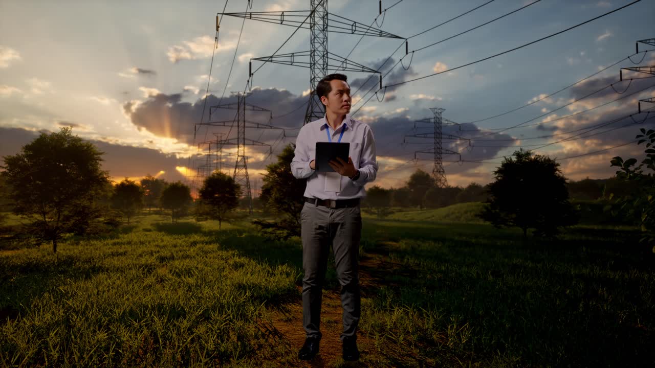 Engineer Inspecting Power Lines with Tablet at Sunset