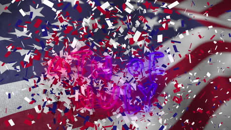 animation of text, 4th of july, and red, white and blue confetti falling over waving american flag