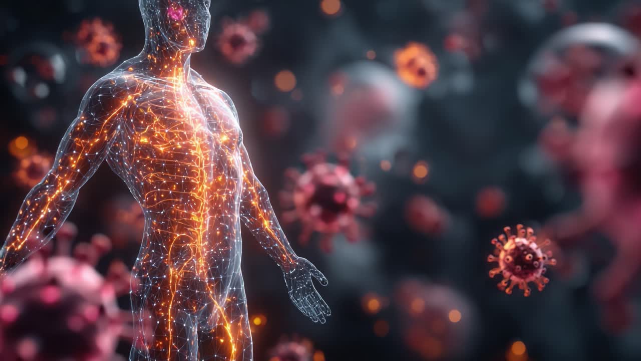 A Visual Representation of the Human Body's Immune Response to Pathogens, Showcasing the Interaction Between Cells and Viral Invaders in a Dynamic 3D Environment