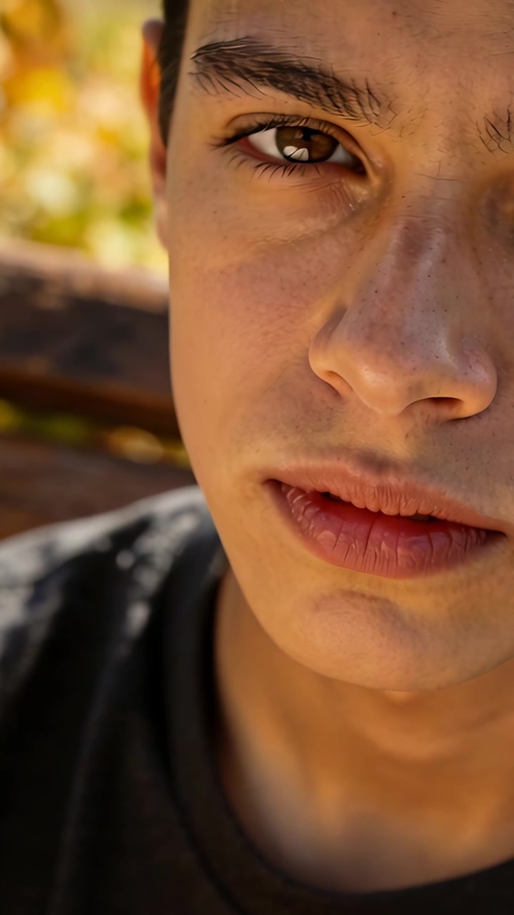 Vertical video: Reading teen looking up from book, lifting gaze to camera on bench outdoors