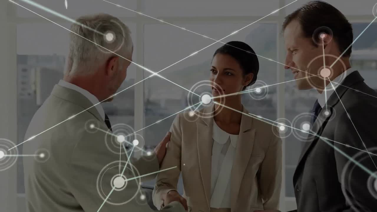 Animation of network of connections with icons over diverse business people in office