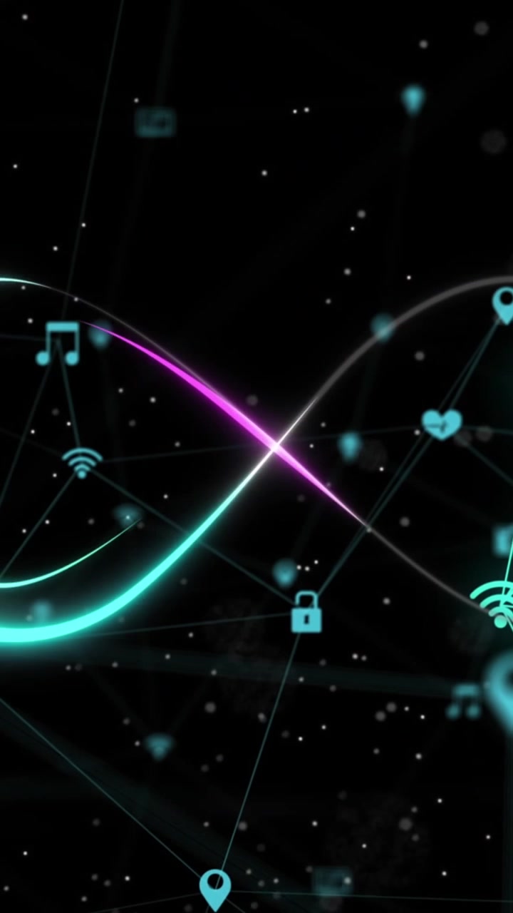 Animación de símbolo de infinito sobre iconos conectados formando globos contra fondo negro