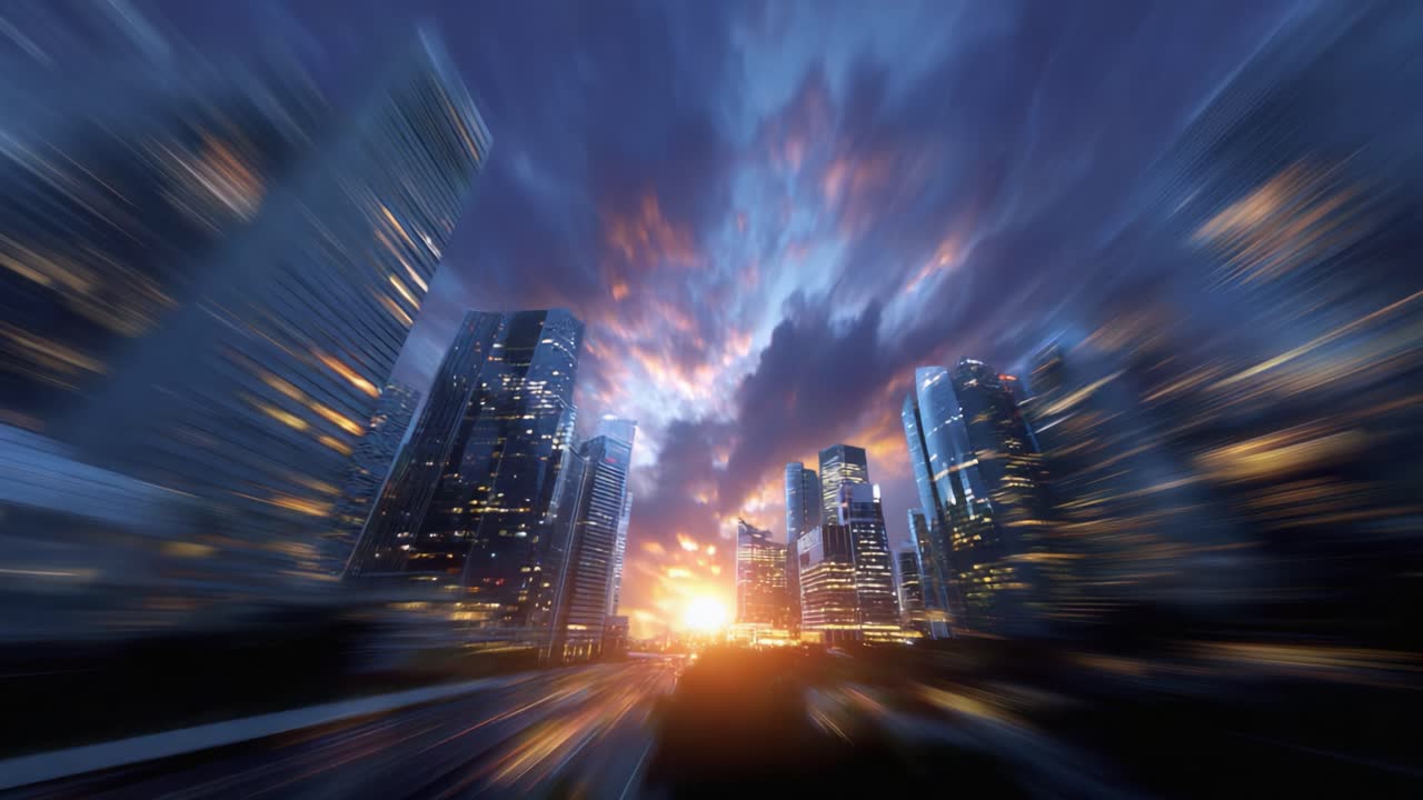 Dramatic Urban Twilight: A Dynamic Transition from Day to Night Over a Bustling City Skyline Captured in Stunning Colors and Motion Blur