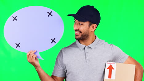 Asian-man,-box-and-speech-bubble-on-green-screen