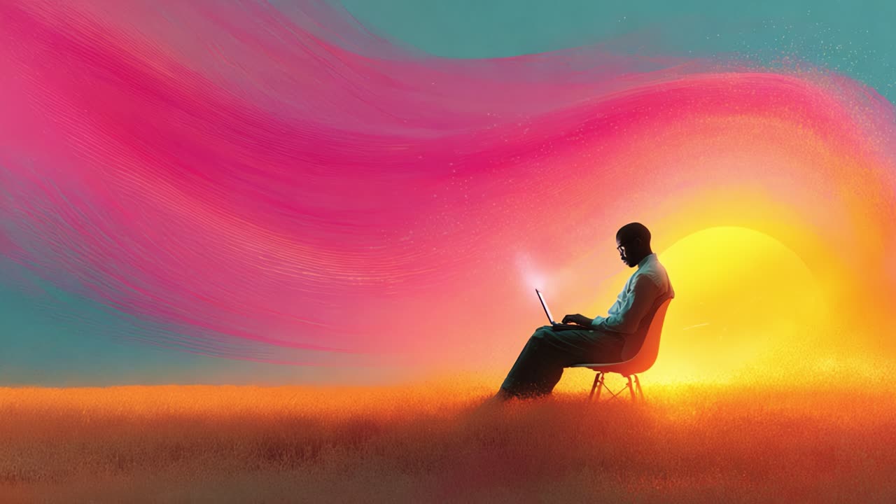 A solitary figure immersed in creativity, working on a laptop surrounded by vibrant colors and a glowing sunset, capturing the essence of inspiration, solitude, and artistic expression