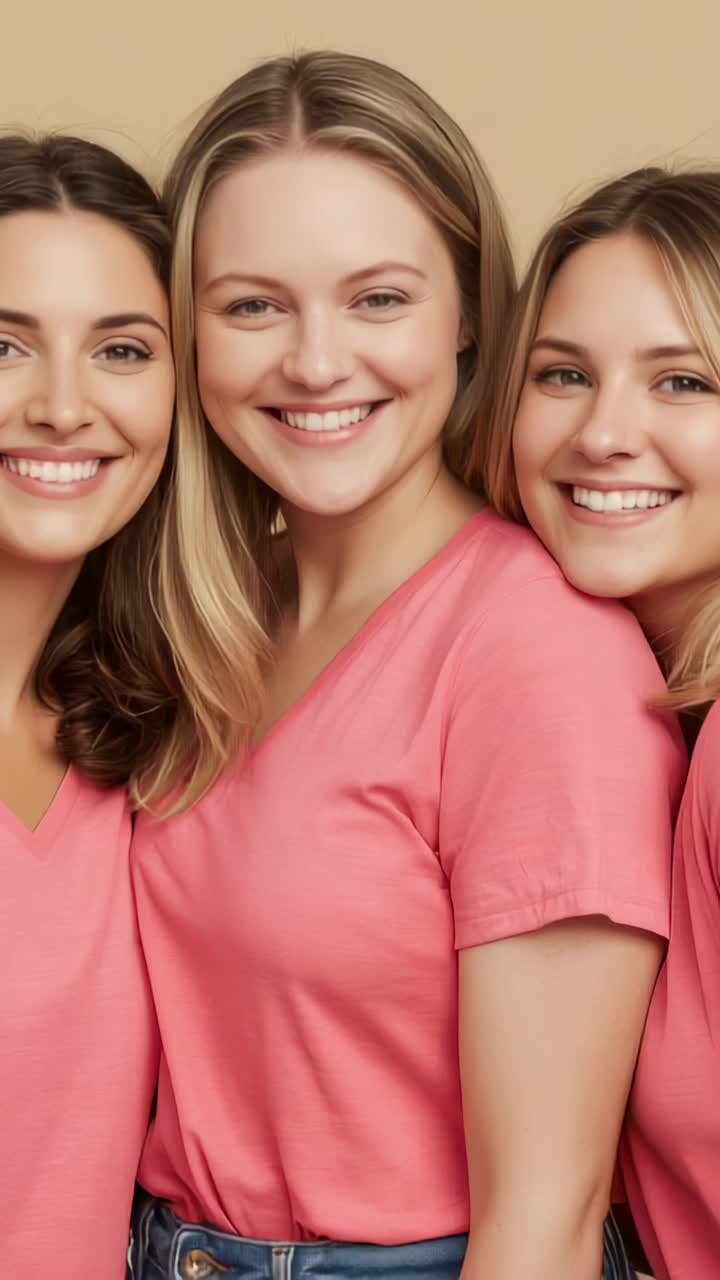 Vertical video: Camera starting, three women smiling, posing for portrait in studio in pink V-necks