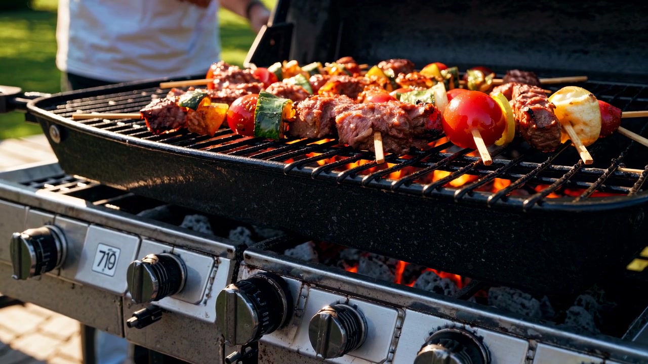 Spiedini di carne e verdure che grigliano su un barbecue all'aperto