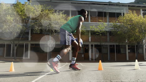 running basketball drill, athlete training over lens flare animation