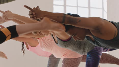 yoga class of young multiracial people practicing warrior pose enjoying healthy lifestyle exercising in fitness studio training posture