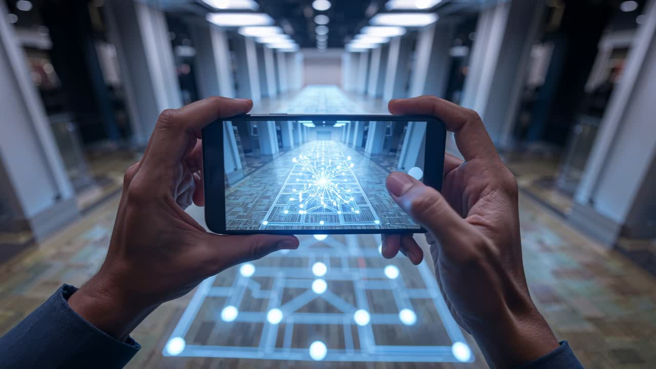 Holding phone in hall, dark-sleeved hands tapping as thumb approach, testing AR grid sphere forming