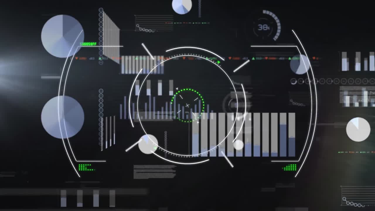 Digital animation of scope scanning over multiple screens with data processing on black background
