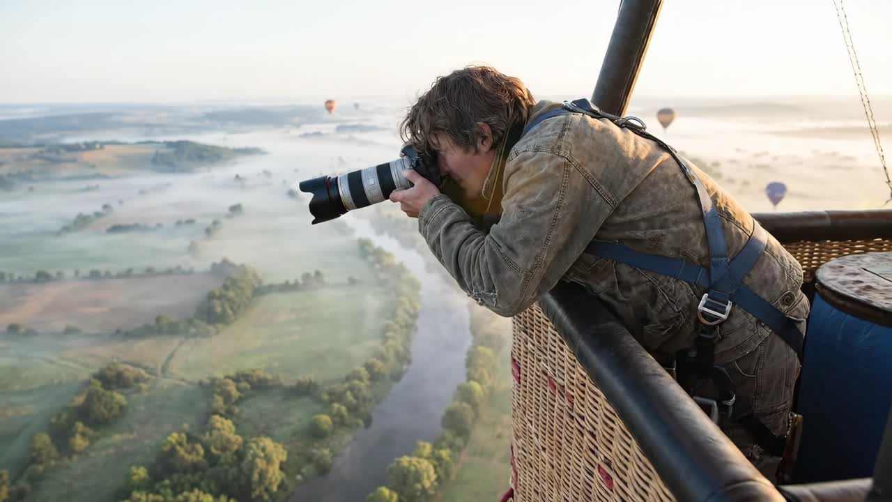 Fotografo che immortala un paesaggio nebbioso da una mongolfiera