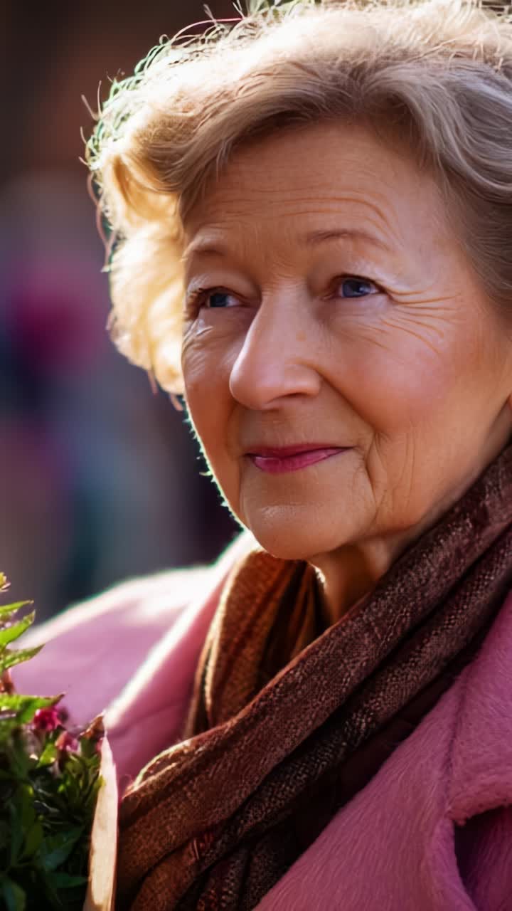 Anciana elegante con flores en un entorno otoñal suave, que irradia calidez y sabiduría en medio de un fondo colorido lleno de vida y alegría