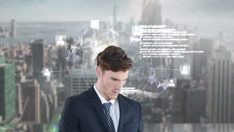 animación de un empresario caucásico sobre diversos datos, el mundo y el paisaje urbano