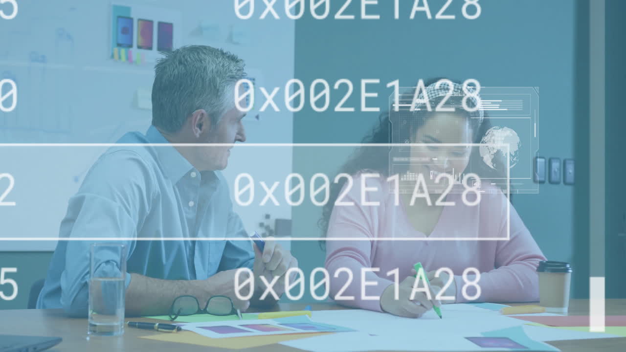 Binary code animation over business people working at desk in office