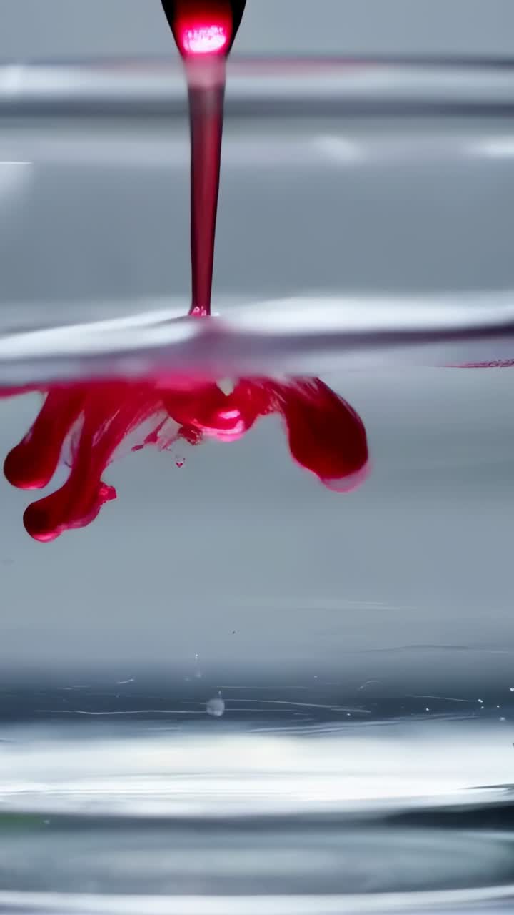 Video verticale: pipetta che rilascia una goccia rossa in un becher, formando pennacchi che si mescolano nell'acqua