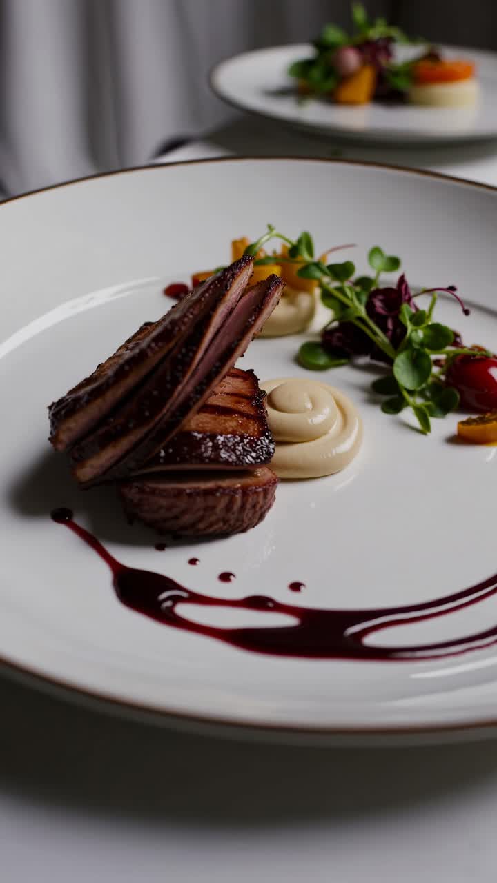 Gourmet dish with artistic plating captured in a close-up, angled shot