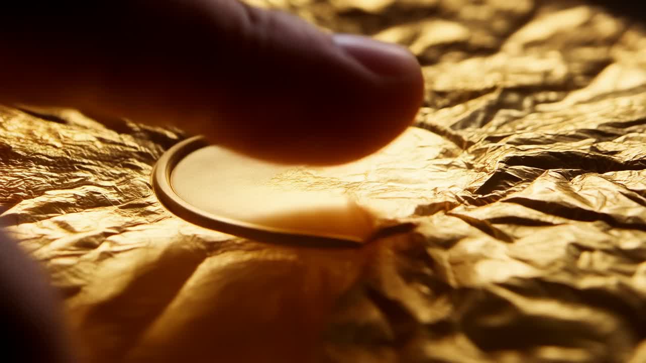 Voksen hånd trykker efter fingerspidstryk og udglatter krøllet guldfolie ved bordet, hvor møntkanten afsløres