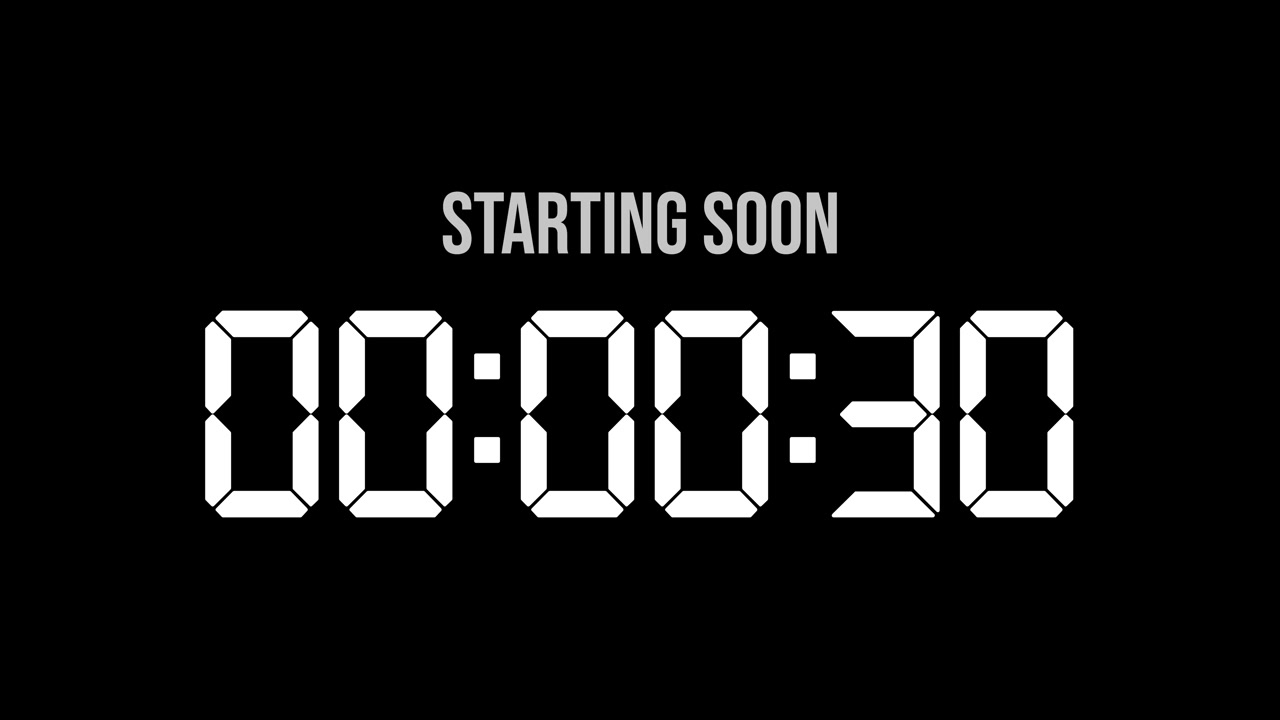 Digital Countdown Timer Starting Soon on Black Background