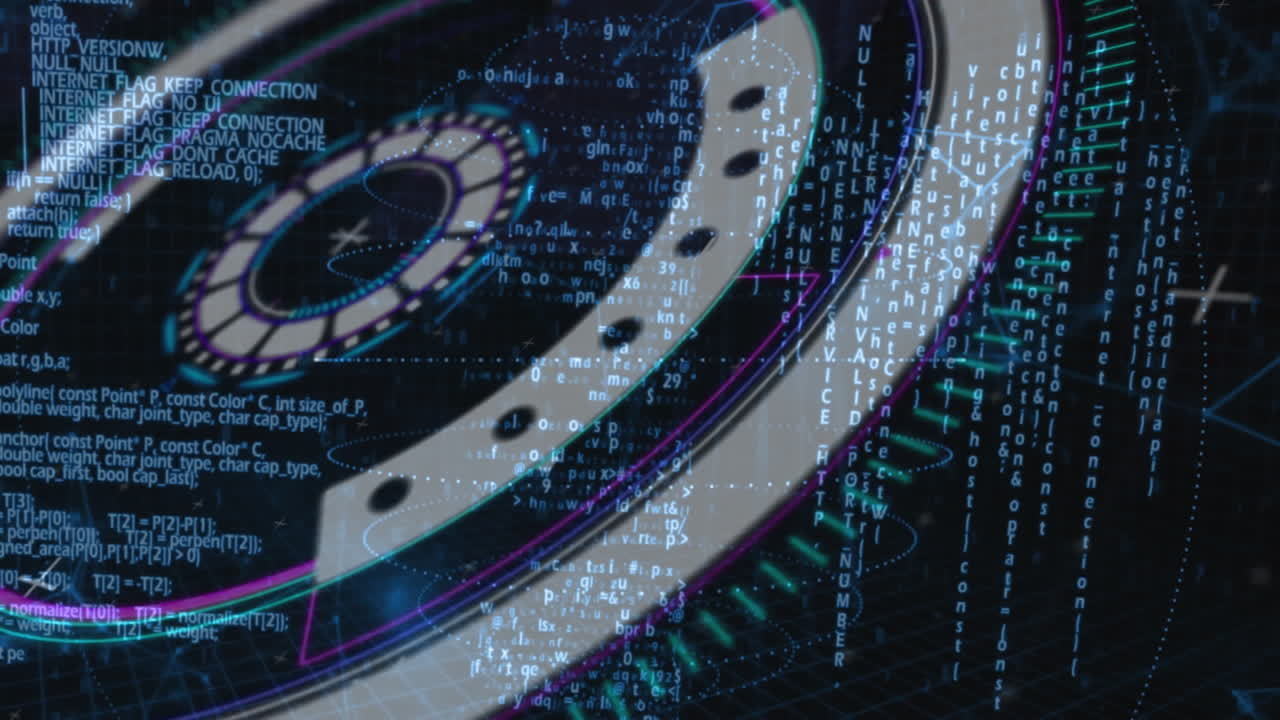 디지털 코드 및 데이터 처리 애니메이션과 기계 기어 배경