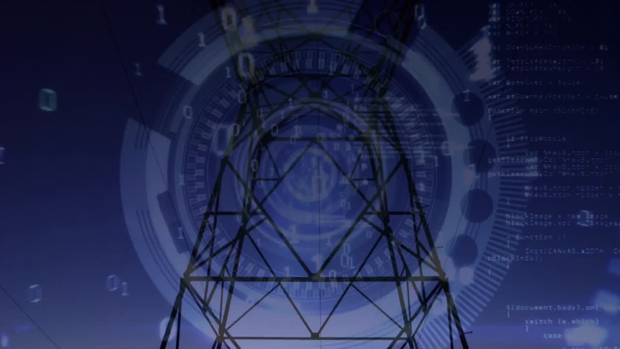 Power line tower and futuristic circles with binary codes