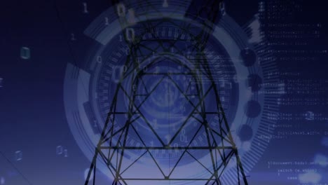 torre de línea de energía y círculos futuristas con códigos binarios