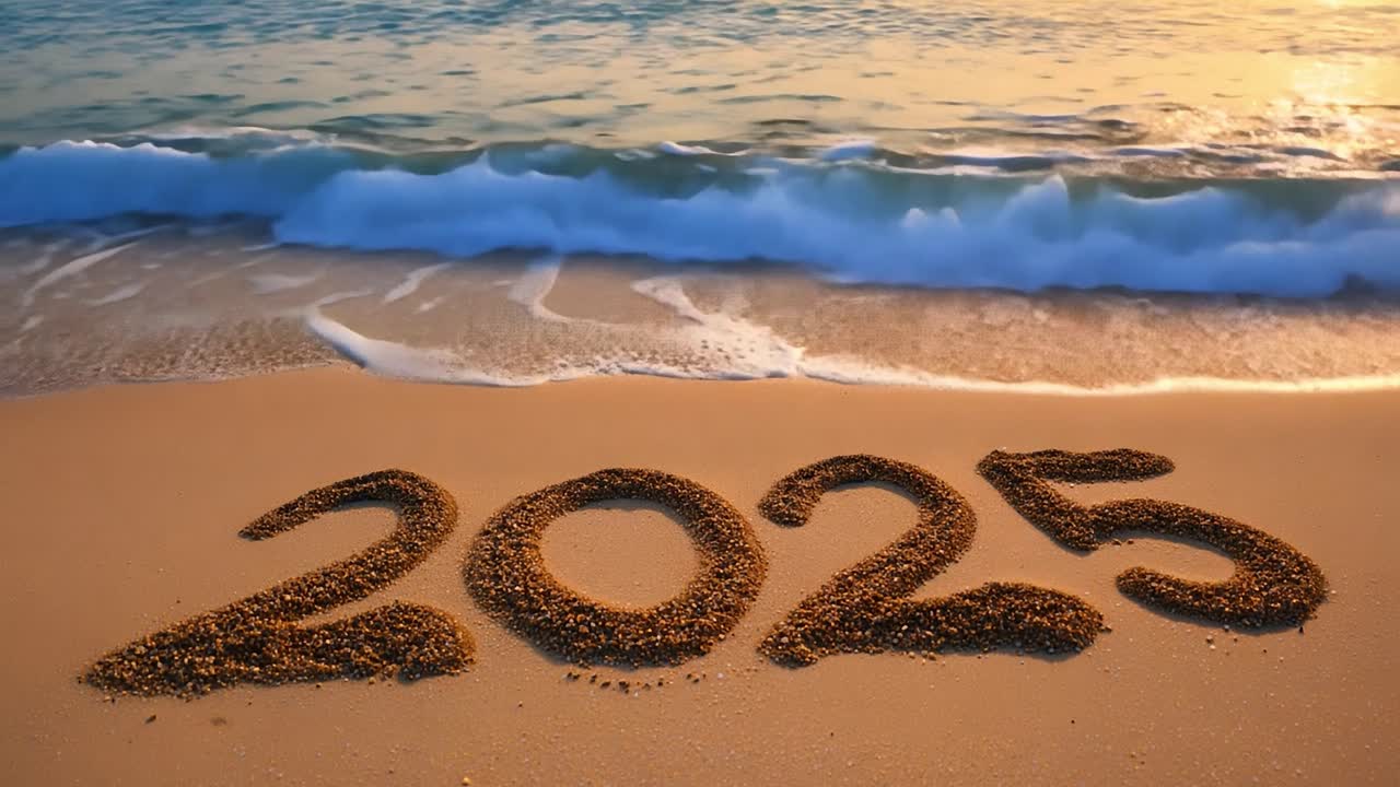 2025 escrito en la arena en una playa al atardecer