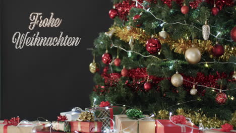 frohe weihnachten text with decorated christmas tree and gifts on black background