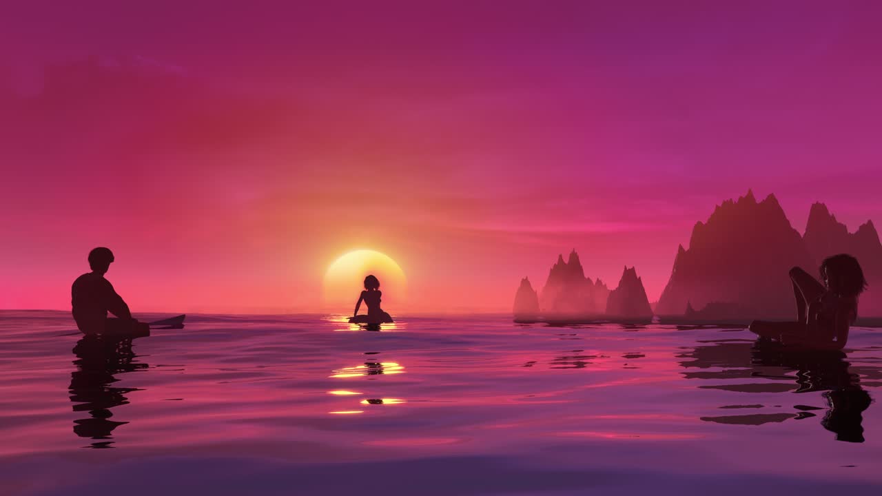 Surfers waiting in line up on the surfboards and watch the sunset loop