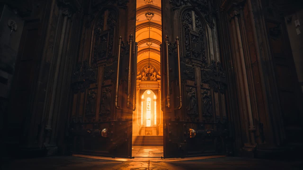 Luce dorata che si allarga alla congiunzione, facendo spalancare porte ornate e rivelando un altare e raggi di luce.