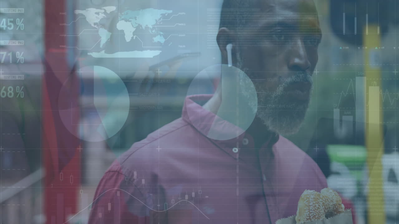 Animation of infographic interface, senior african american man eating hotdog and using cellphone
