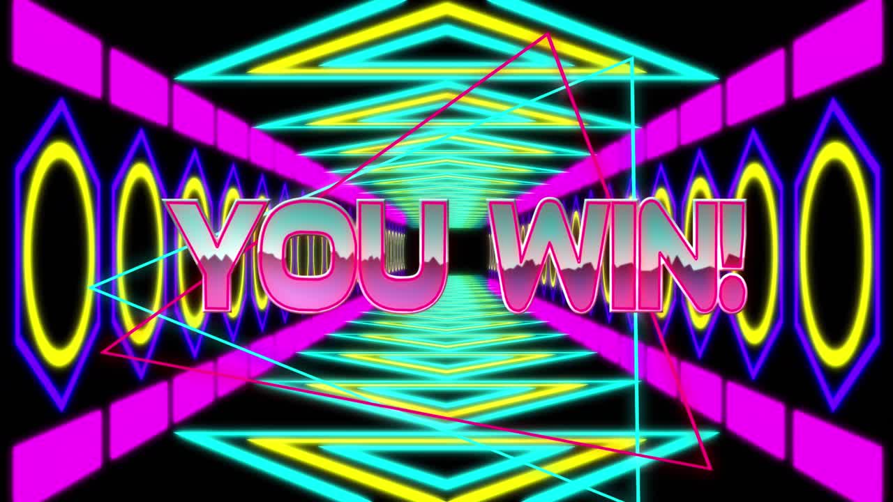 animación de usted ganar texto sobre formas en fondo negro