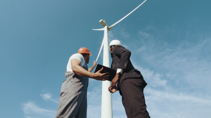 ingegneri discutono la manutenzione delle turbine eoliche