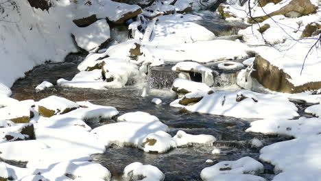 a peaceful shot of a small creek winding its way through a small serene winter landscape