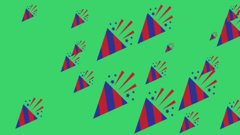 animation of blue and red fireworks moving over green background