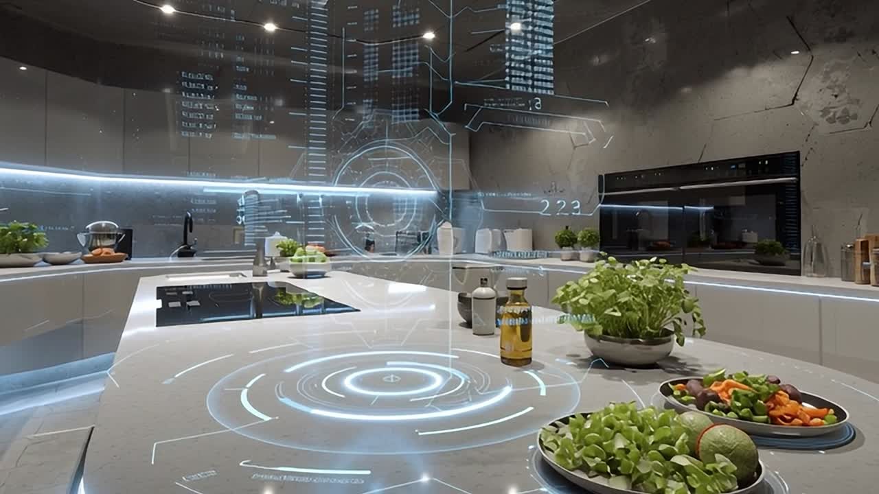 Modern kitchen with futuristic design and digital features in evening light