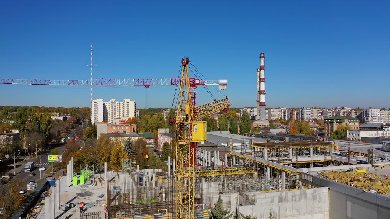 City construction site. Aerial view of apartment building under construction