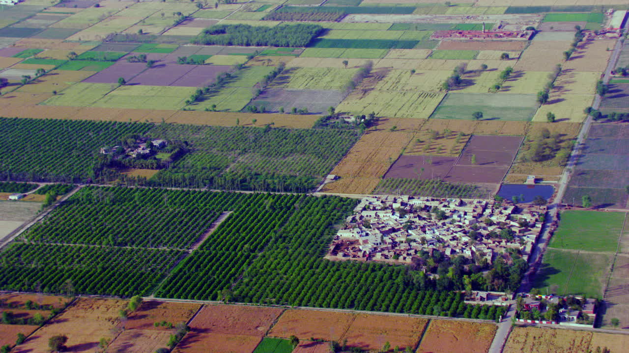 Aerial view of farm land and a small farming community in Oregon, Agricultural crops growing on farmland, India