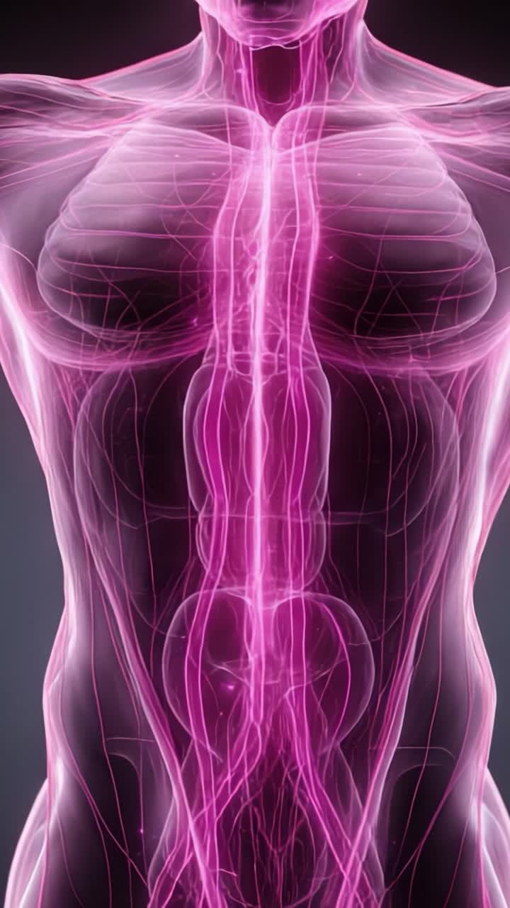 Okouzlující vizualizace lidské anatomie: Zachycující složitou síť cévních struktur v ohromující růžové záři.