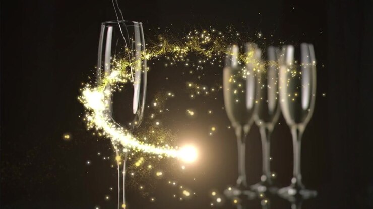 Animazione di coriandoli dorati che cadono su un bicchiere di champagne su sfondo nero