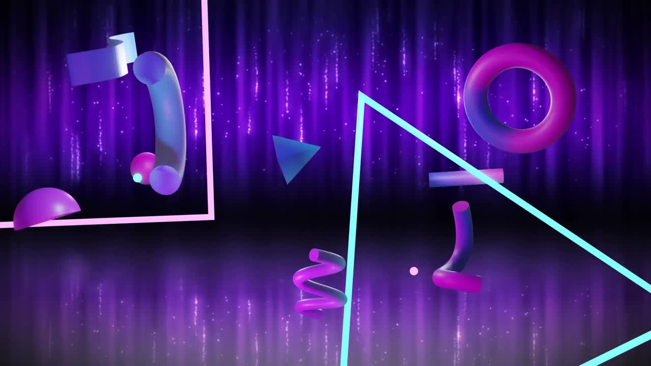 Animation of abstract 3d shapes over purple waving background