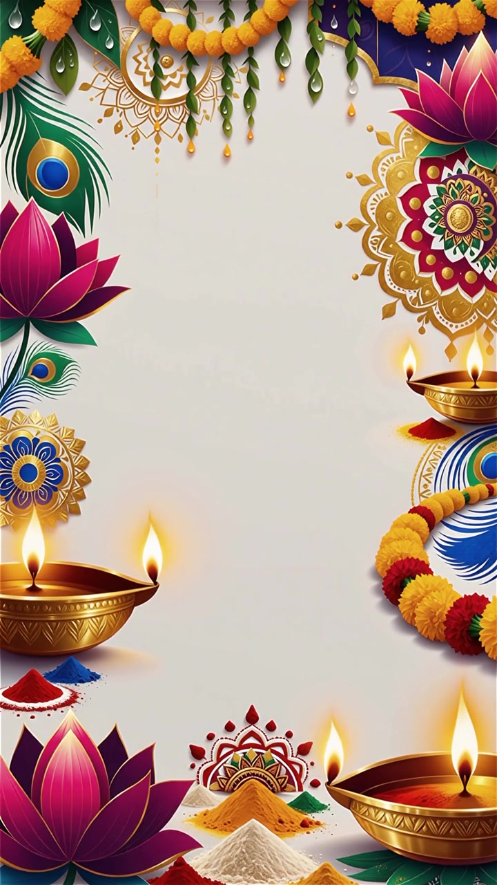 Sfondo Diwali con Diyas luminosi, Rangoli e fiori di loto